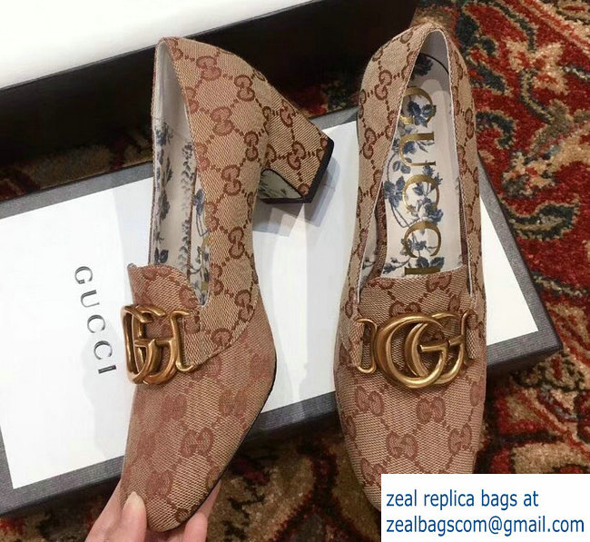 Gucci GG Canvas Mid-Heel Pumps 526465 Beige with Double G 2018 - Click Image to Close