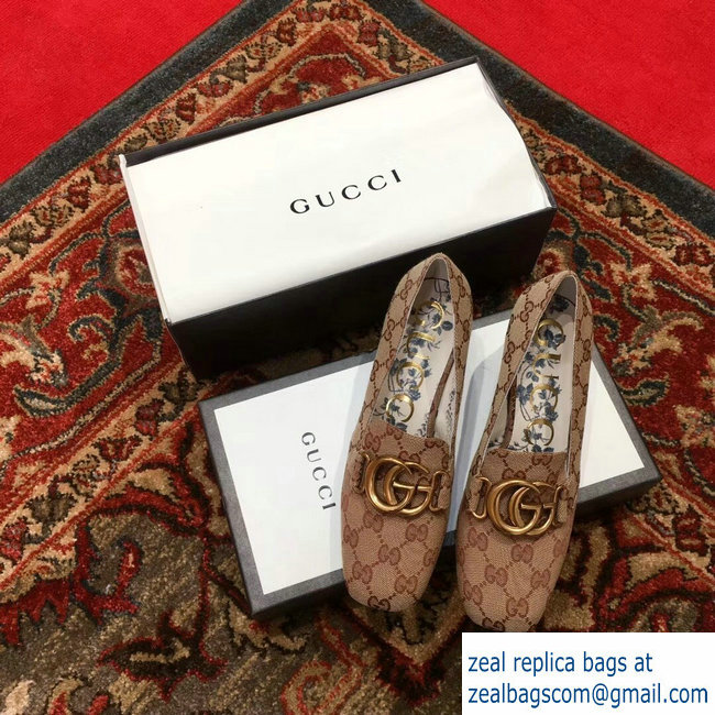Gucci GG Canvas Mid-Heel Pumps 526465 Beige with Double G 2018