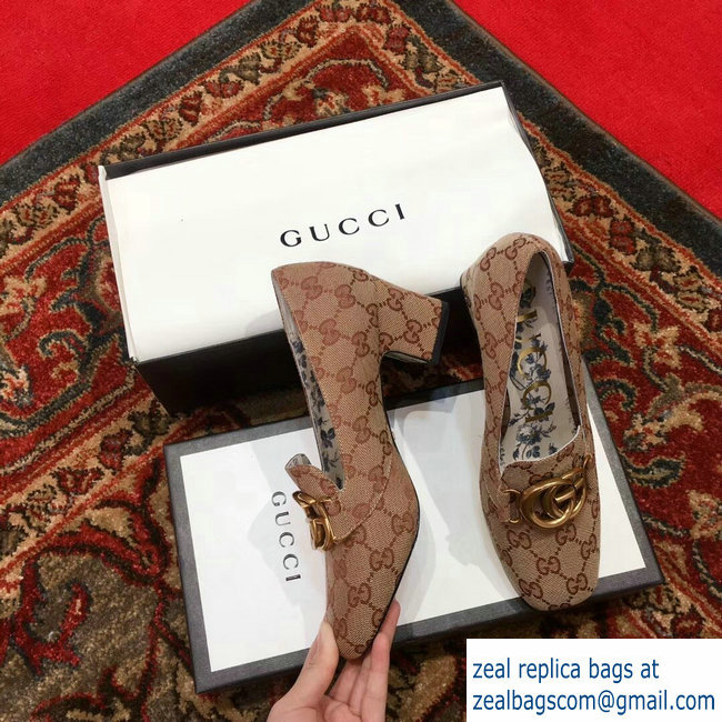 Gucci GG Canvas Mid-Heel Pumps 526465 Beige with Double G 2018