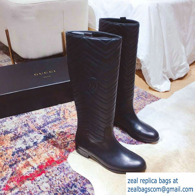 Gucci GG Matelasse Chevron and Heart Leather High Boots Black 2018