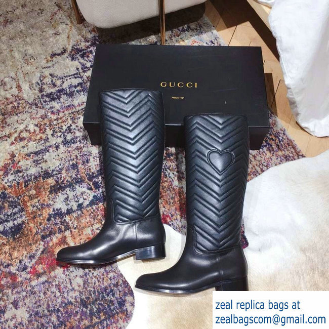 Gucci GG Matelasse Chevron and Heart Leather High Boots Black 2018 - Click Image to Close