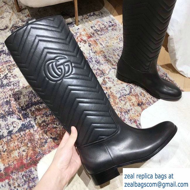 Gucci GG Matelasse Chevron and Heart Leather High Boots Black 2018