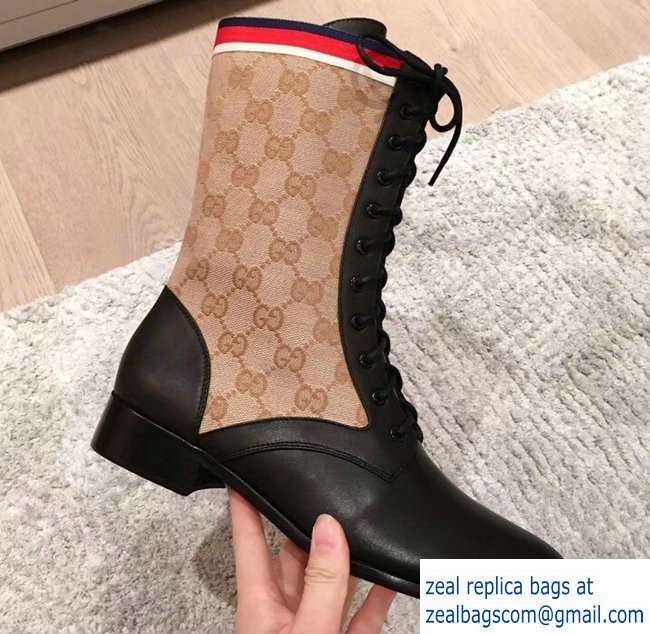 Gucci GG and Leather Lace-Up Boots Black 2018