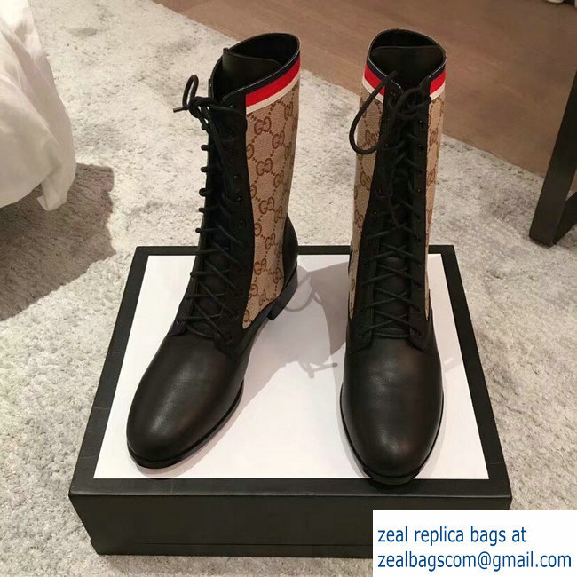 Gucci GG and Leather Lace-Up Boots Black 2018 - Click Image to Close