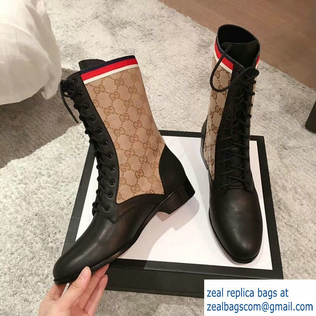 Gucci GG and Leather Lace-Up Boots Black 2018