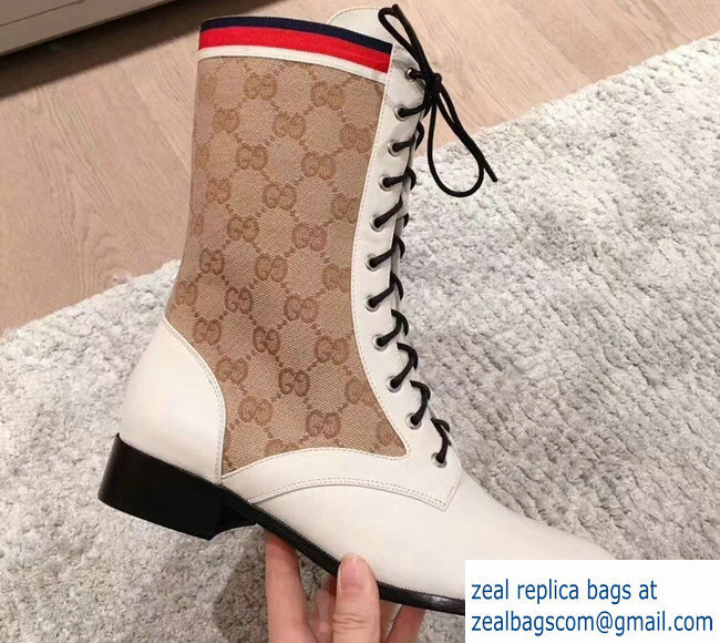 Gucci GG and Leather Lace-Up Boots White 2018 - Click Image to Close