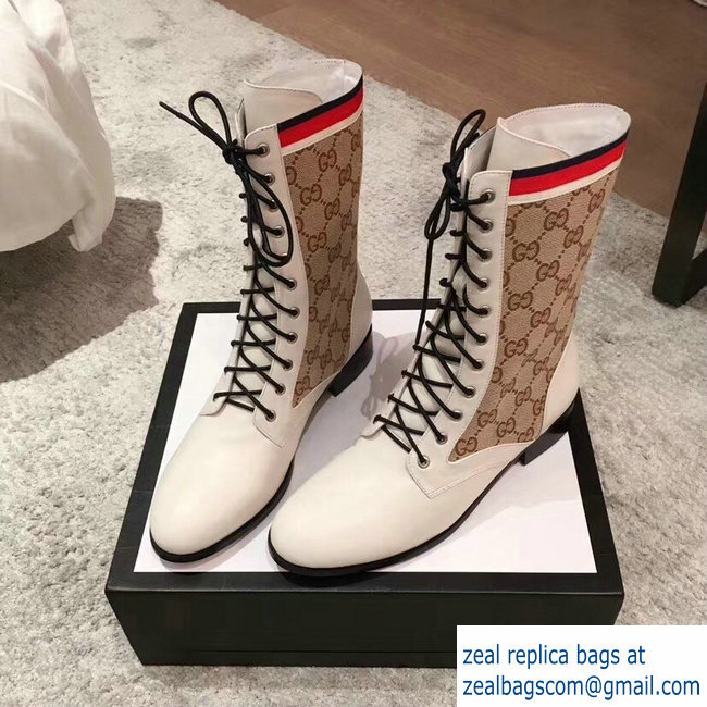 Gucci GG and Leather Lace-Up Boots White 2018