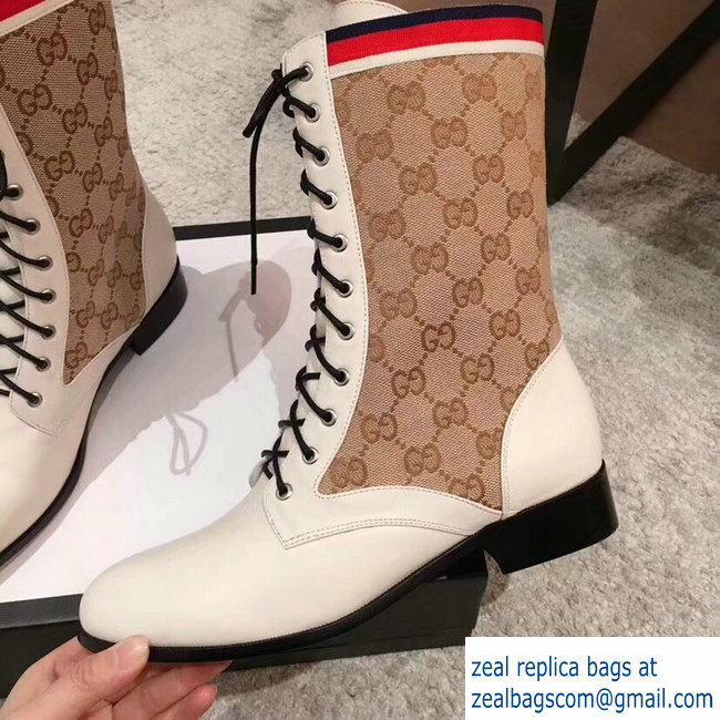 Gucci GG and Leather Lace-Up Boots White 2018