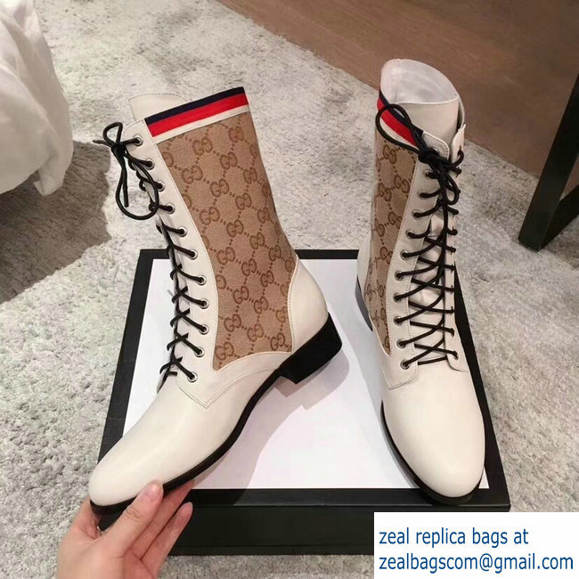 Gucci GG and Leather Lace-Up Boots White 2018