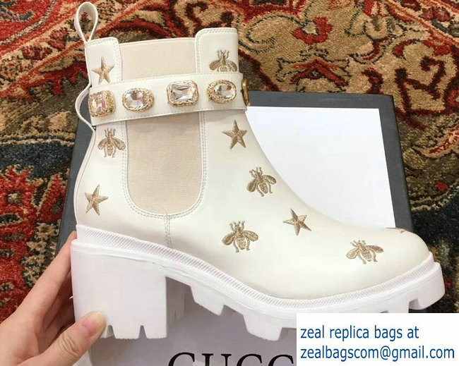 Gucci Gold Thread Embroidered Bees And Stars Leather Ankle Boots White With Belt 2018 - Click Image to Close