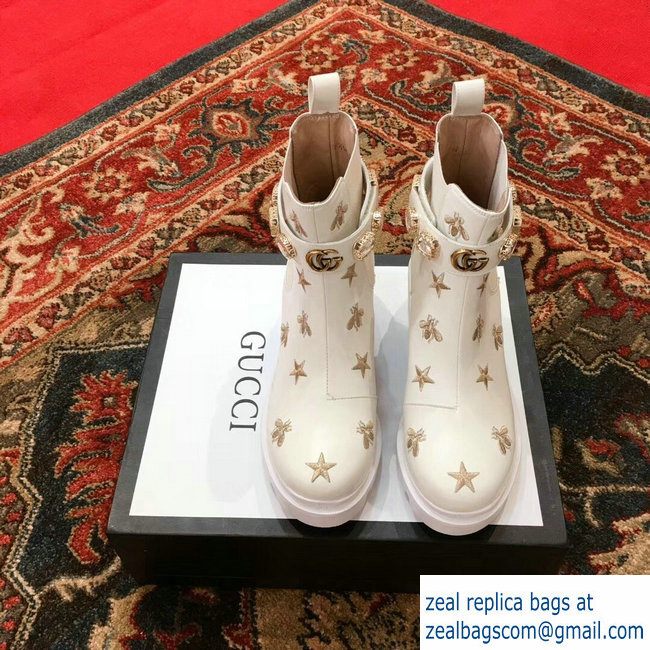 Gucci Gold Thread Embroidered Bees And Stars Leather Ankle Boots White With Belt 2018