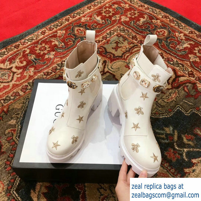 Gucci Gold Thread Embroidered Bees And Stars Leather Ankle Boots White With Belt 2018 - Click Image to Close