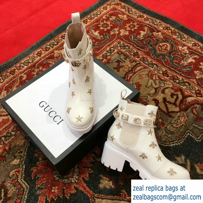 Gucci Gold Thread Embroidered Bees And Stars Leather Ankle Boots White With Belt 2018