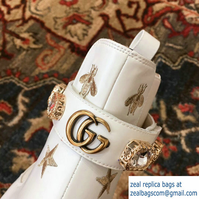 Gucci Gold Thread Embroidered Bees And Stars Leather Ankle Boots White With Belt 2018