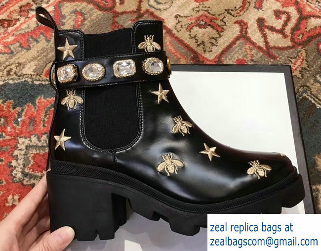 Gucci Gold Thread Embroidered Bees And Stars Leather Ankle Boots With Belt 2018 - Click Image to Close