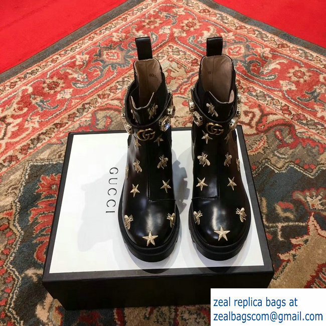 Gucci Gold Thread Embroidered Bees And Stars Leather Ankle Boots With Belt 2018