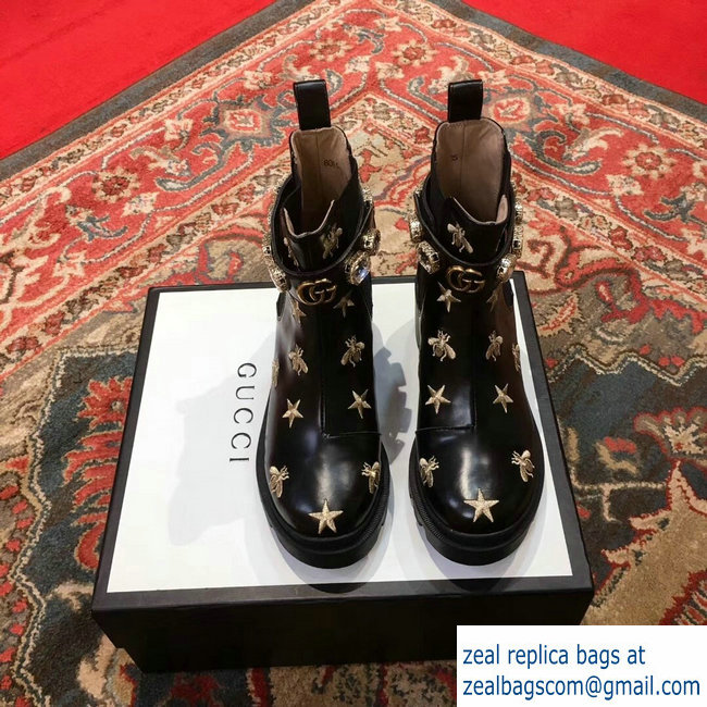 Gucci Gold Thread Embroidered Bees And Stars Leather Ankle Boots With Belt 2018 - Click Image to Close