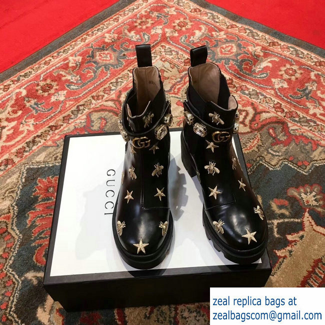 Gucci Gold Thread Embroidered Bees And Stars Leather Ankle Boots With Belt 2018 - Click Image to Close