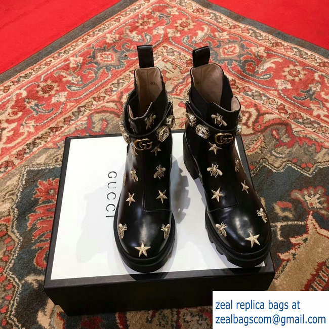 Gucci Gold Thread Embroidered Bees And Stars Leather Ankle Boots With Belt 2018