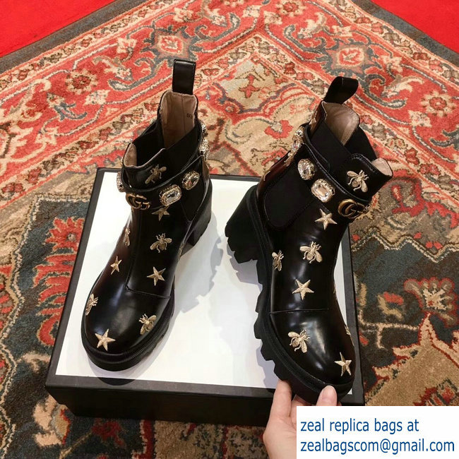 Gucci Gold Thread Embroidered Bees And Stars Leather Ankle Boots With Belt 2018