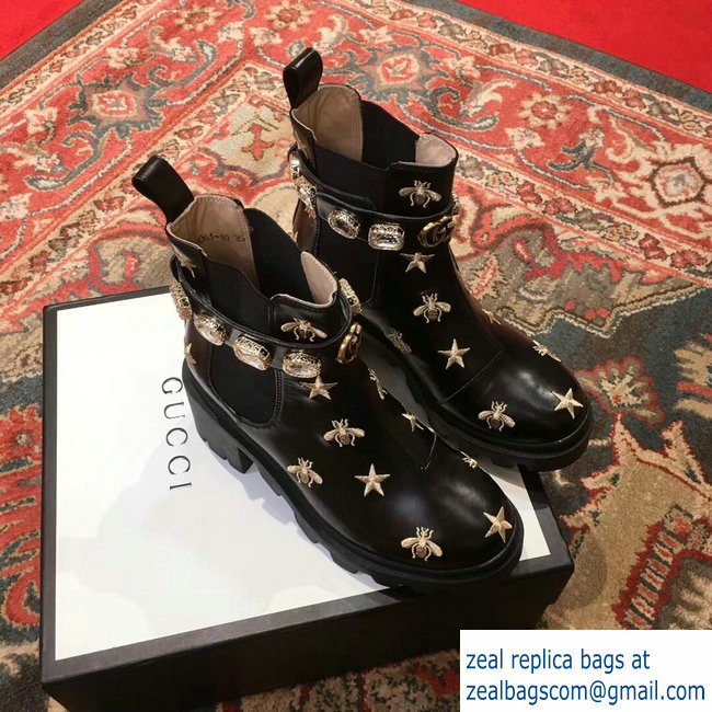 Gucci Gold Thread Embroidered Bees And Stars Leather Ankle Boots With Belt 2018 - Click Image to Close