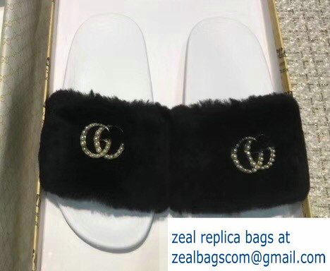 Gucci Heel 1.5cm Shearling Fur Crystal Double G Slide Sandals Black 2018 - Click Image to Close