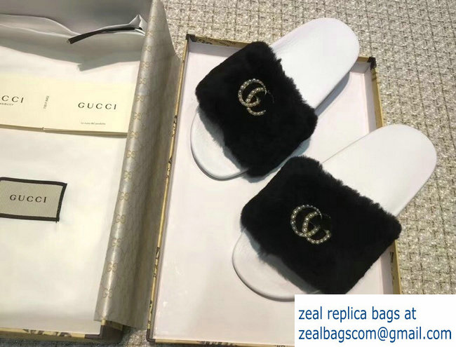 Gucci Heel 1.5cm Shearling Fur Crystal Double G Slide Sandals Black 2018