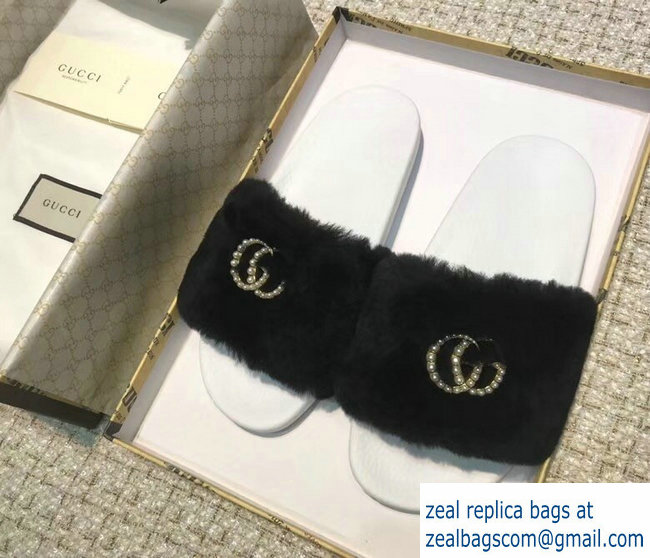Gucci Heel 1.5cm Shearling Fur Crystal Double G Slide Sandals Black 2018 - Click Image to Close