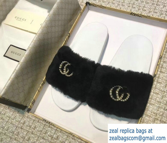 Gucci Heel 1.5cm Shearling Fur Crystal Double G Slide Sandals Black 2018