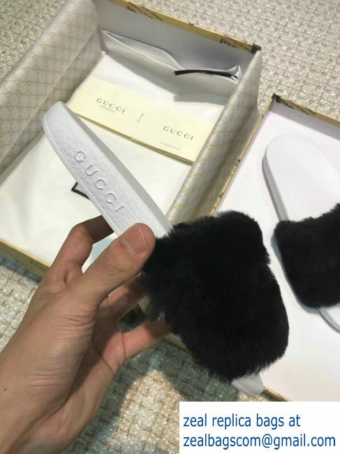 Gucci Heel 1.5cm Shearling Fur Crystal Double G Slide Sandals Black 2018