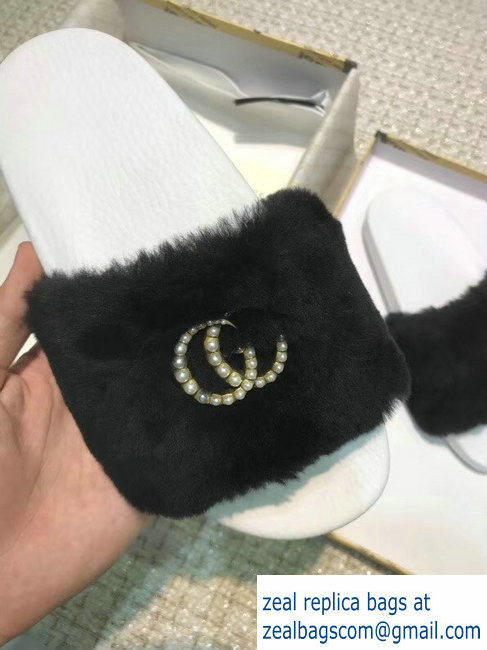 Gucci Heel 1.5cm Shearling Fur Crystal Double G Slide Sandals Black 2018