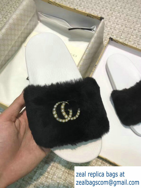 Gucci Heel 1.5cm Shearling Fur Crystal Double G Slide Sandals Black 2018