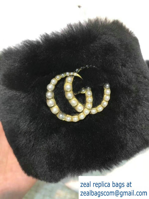 Gucci Heel 1.5cm Shearling Fur Crystal Double G Slide Sandals Black 2018