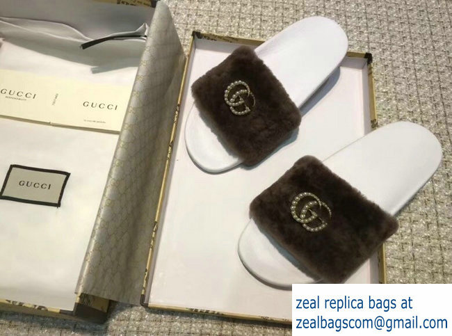 Gucci Heel 1.5cm Shearling Fur Crystal Double G Slide Sandals Coffee 2018