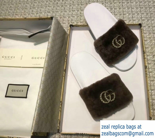 Gucci Heel 1.5cm Shearling Fur Crystal Double G Slide Sandals Coffee 2018