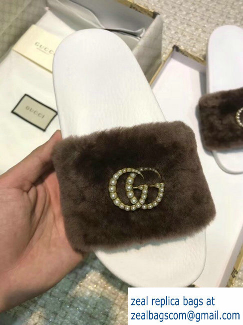 Gucci Heel 1.5cm Shearling Fur Crystal Double G Slide Sandals Coffee 2018 - Click Image to Close