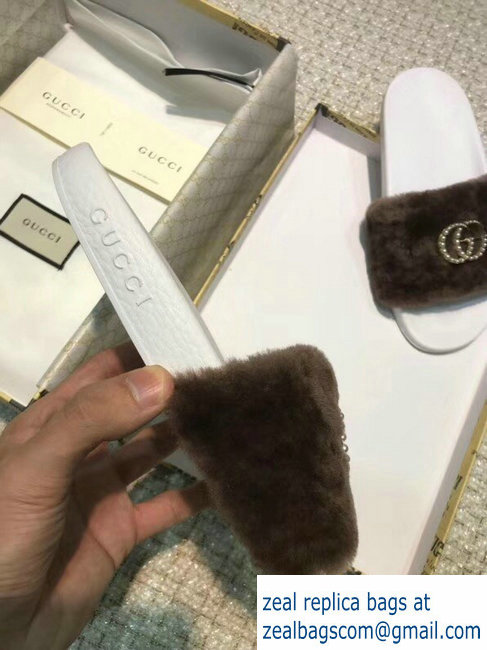 Gucci Heel 1.5cm Shearling Fur Crystal Double G Slide Sandals Coffee 2018