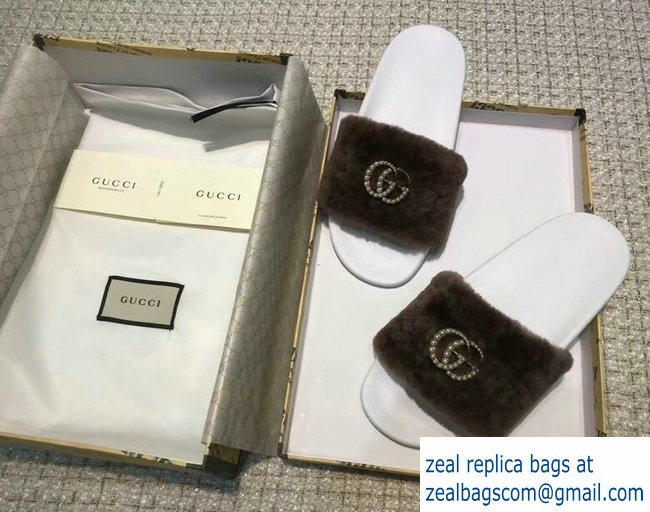 Gucci Heel 1.5cm Shearling Fur Crystal Double G Slide Sandals Coffee 2018 - Click Image to Close