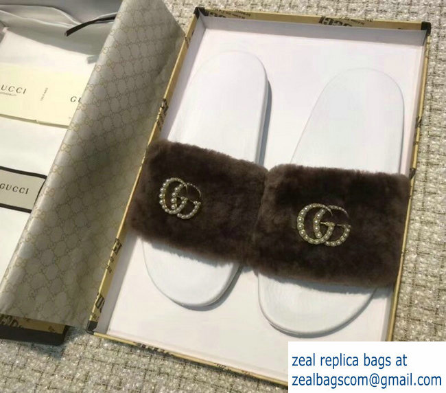 Gucci Heel 1.5cm Shearling Fur Crystal Double G Slide Sandals Coffee 2018