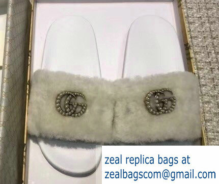 Gucci Heel 1.5cm Shearling Fur Crystal Double G Slide Sandals Creamy 2018 - Click Image to Close