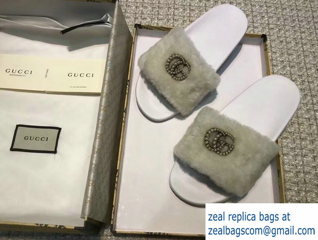 Gucci Heel 1.5cm Shearling Fur Crystal Double G Slide Sandals Creamy 2018