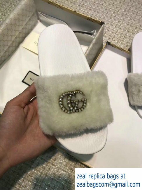 Gucci Heel 1.5cm Shearling Fur Crystal Double G Slide Sandals Creamy 2018