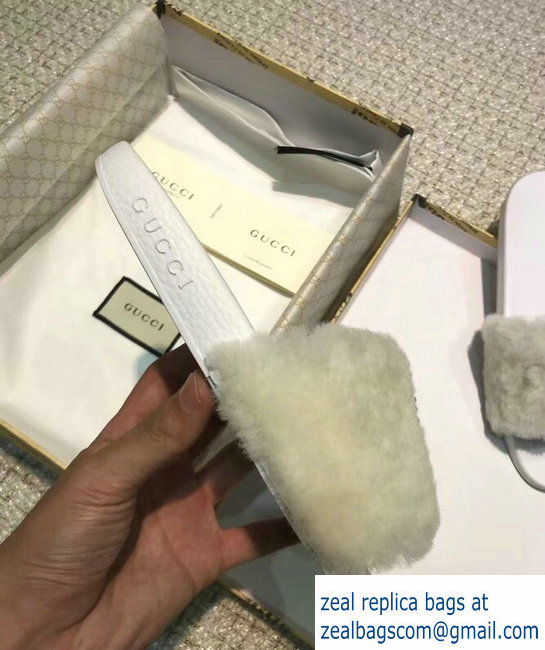 Gucci Heel 1.5cm Shearling Fur Crystal Double G Slide Sandals Creamy 2018 - Click Image to Close