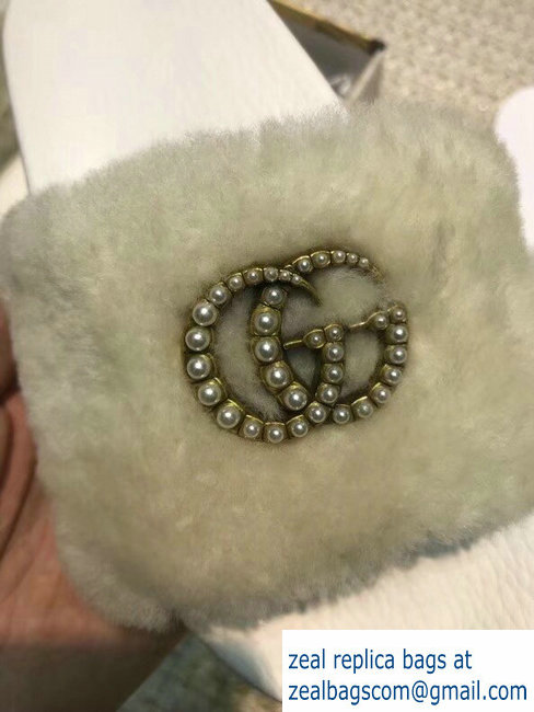 Gucci Heel 1.5cm Shearling Fur Crystal Double G Slide Sandals Creamy 2018 - Click Image to Close