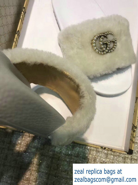 Gucci Heel 1.5cm Shearling Fur Crystal Double G Slide Sandals Creamy 2018