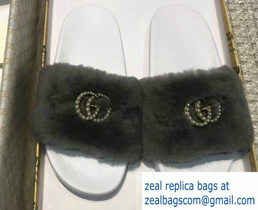 Gucci Heel 1.5cm Shearling Fur Crystal Double G Slide Sandals Dark Gray 2018 - Click Image to Close