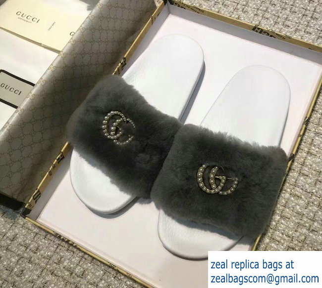 Gucci Heel 1.5cm Shearling Fur Crystal Double G Slide Sandals Dark Gray 2018