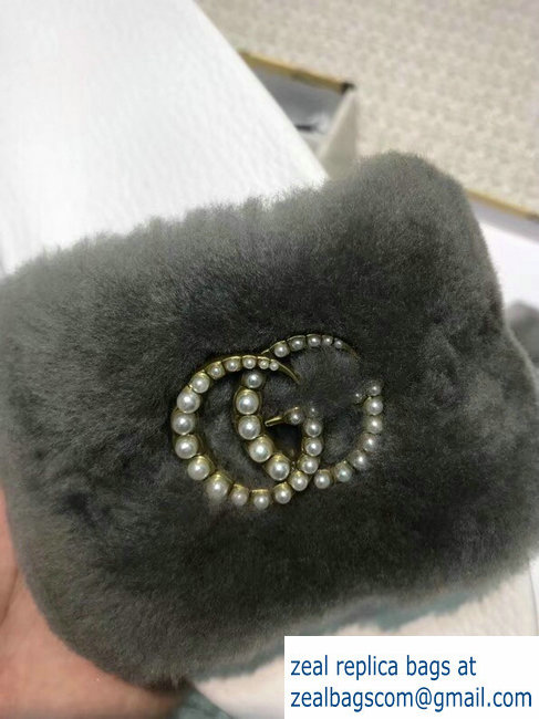 Gucci Heel 1.5cm Shearling Fur Crystal Double G Slide Sandals Dark Gray 2018