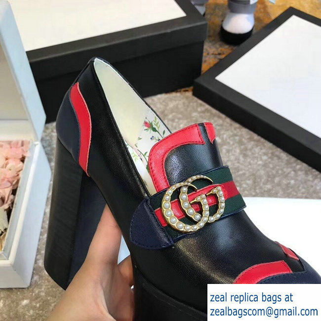 Gucci Heel 12cm Platform 6cm Pearl GG Web Pumps Black 2018 - Click Image to Close