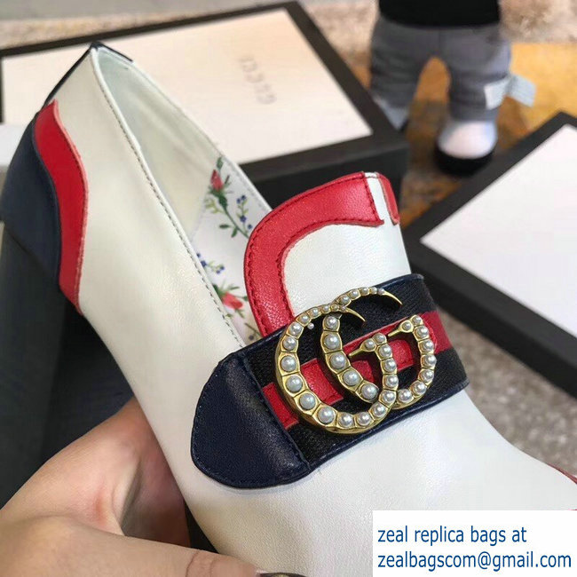 Gucci Heel 12cm Platform 6cm Pearl GG Web Pumps White 2018 - Click Image to Close